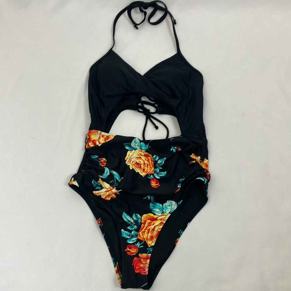 Floral Black One piece Swimsuit woman’s size medium